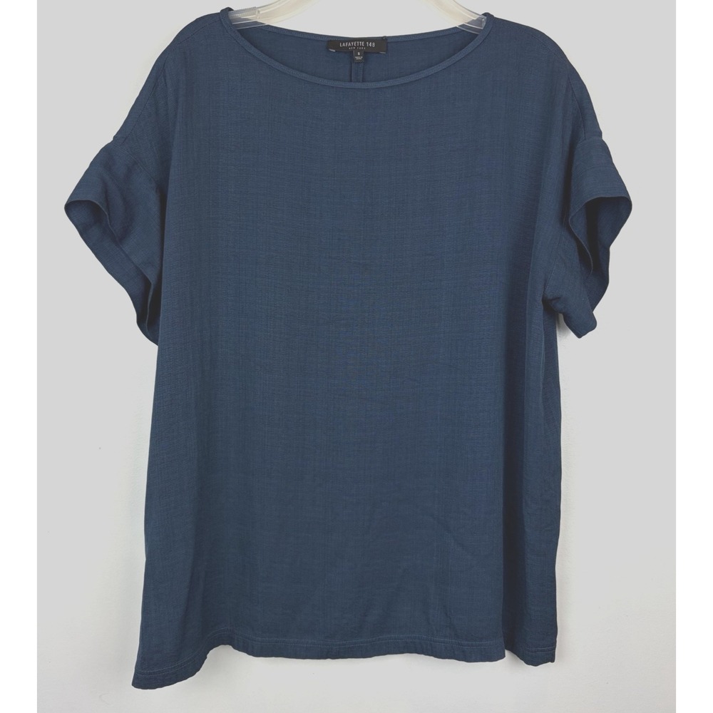 Lafayette 148 Blouse Top Womens Small Blue Crewneck Short Sleeve Capsule Office